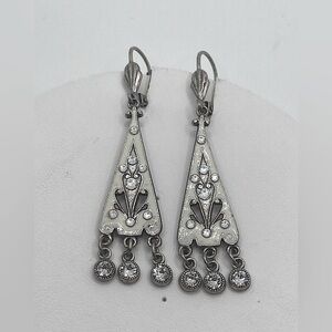 Vtg Art Deco Style Cream Enamel Rhinestone Silver Tone Earrings 2.2”